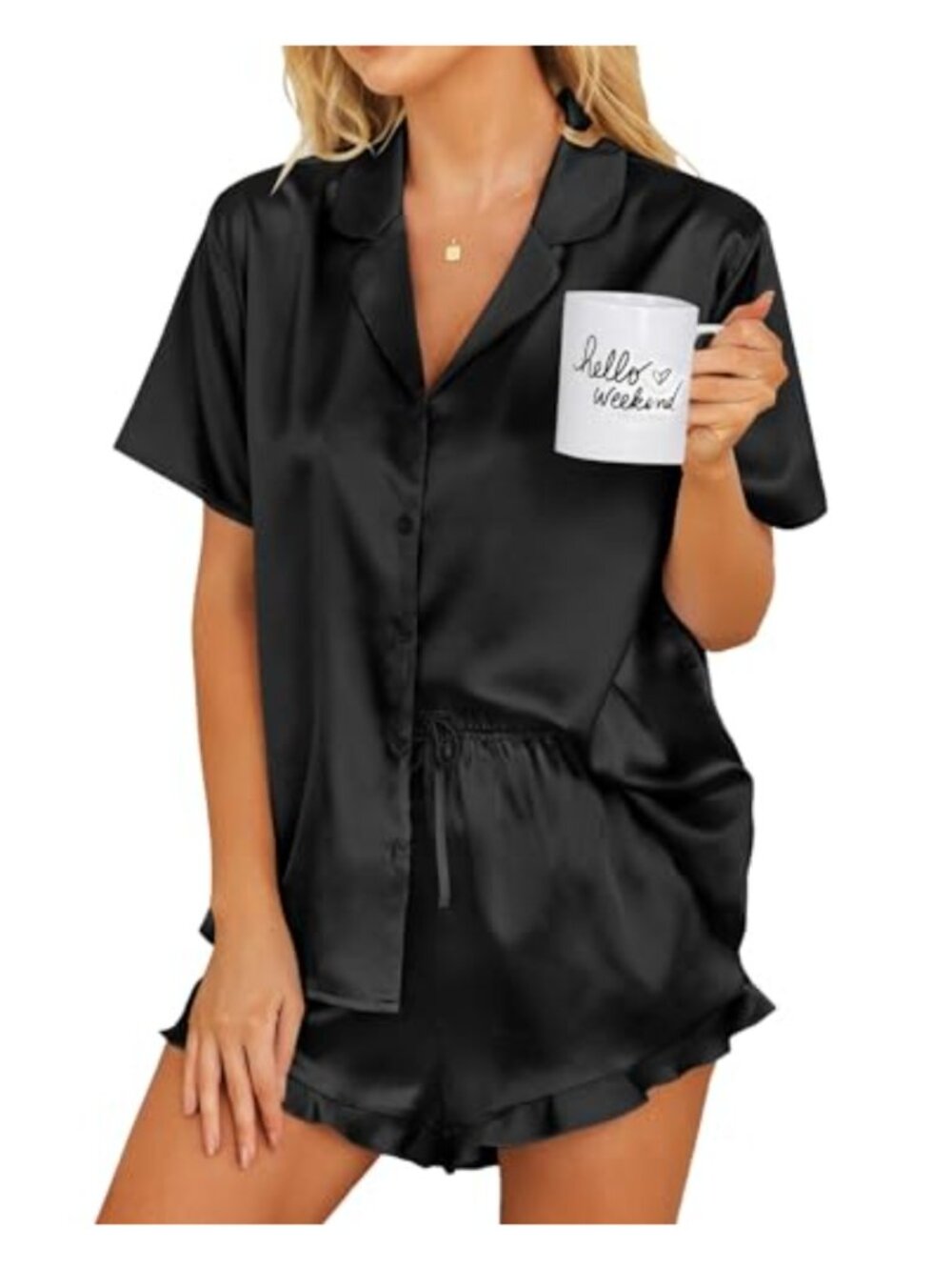 Silk Satin Pajama Set with Ruffle Shorts Button Down Lounge Sleepwear